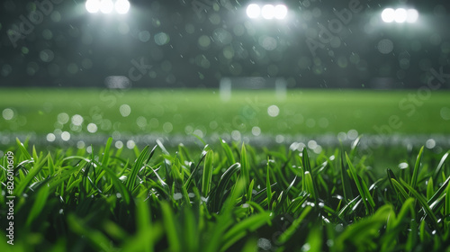 Dazzling droplets of rain fall on vibrant green grass under the floodlights at night. © VK Studio