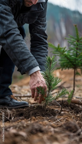 Business leader planting tree in deforested area for environmental restoration commitment