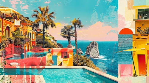 abstract collage of a summer with the sea  palm trees and colorful buildings