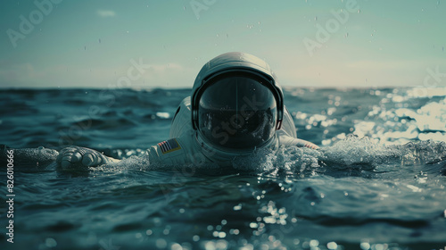 Astronaut in a spacesuit emerges from the ocean, contrasting realms. © VK Studio