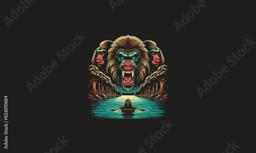 baboon angry on forest and lake vector artwork design