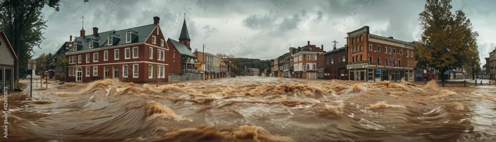 The photo shows a flooded city street with buildings and cars submerged in water. The photo shows a flooded city street with buildings and cars submerged in water.