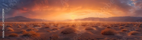 Wallpaper Mural The photo shows a beautiful sunset over a vast desert landscape. The warm colors of the sky and the sand dunes create a peaceful and serene scene. Torontodigital.ca