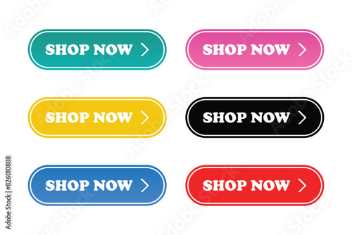 Shop now button. Shop now button with hand cursor set. Set of button shop now online shopping. Click here, buttons pointer clicking. Vector illustration in flat design.