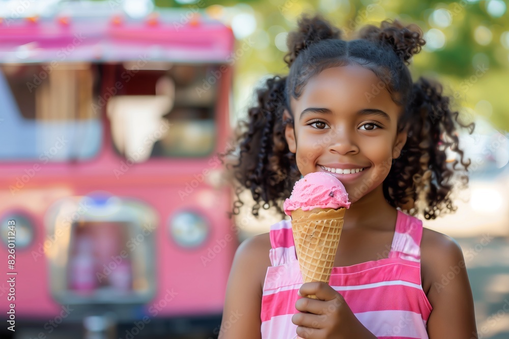 cute little african american girl holding ice cream in waffel cone; pink food truck in park cute little african american girl holding ice cream in waffel cone; pink food truck in park