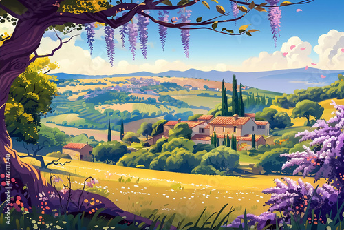 Cartoon background with summer landscape, toscana scenery. Backdrop for product preview photo