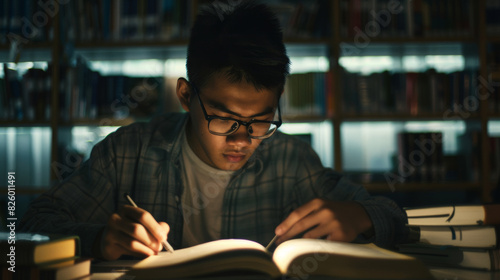 A young student engrossed in study by lamp light, surrounded by a library's calm.