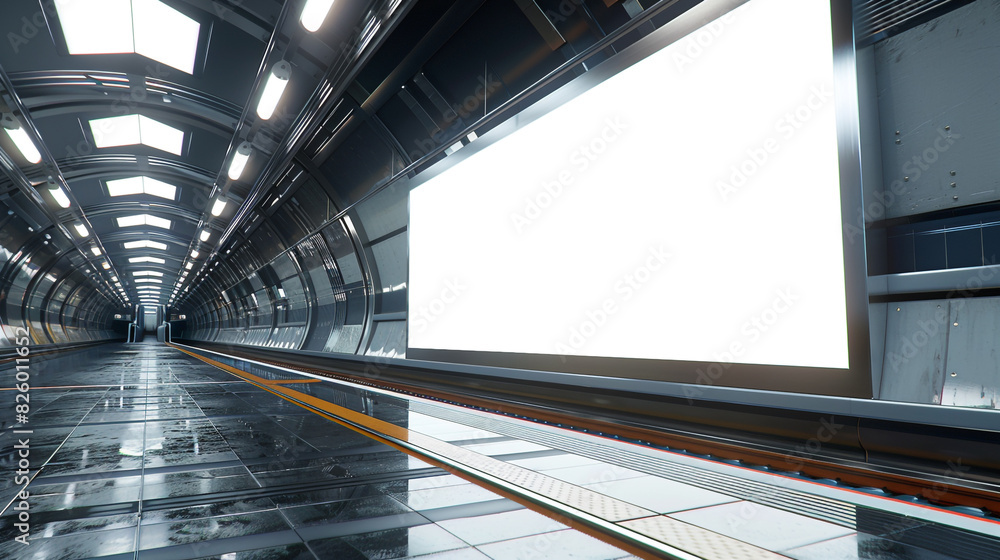 Obraz premium Sleek metro station with a blank billboard, 3D rendered, for transit advertising.