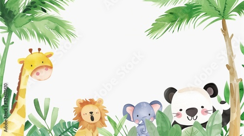 Fototapeta Naklejka Na Ścianę i Meble -  A watercolor painting featuring adorable jungle animals on a white background.
