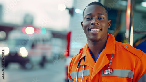 Confident paramedic in orange uniform smiling with professionalism. photo