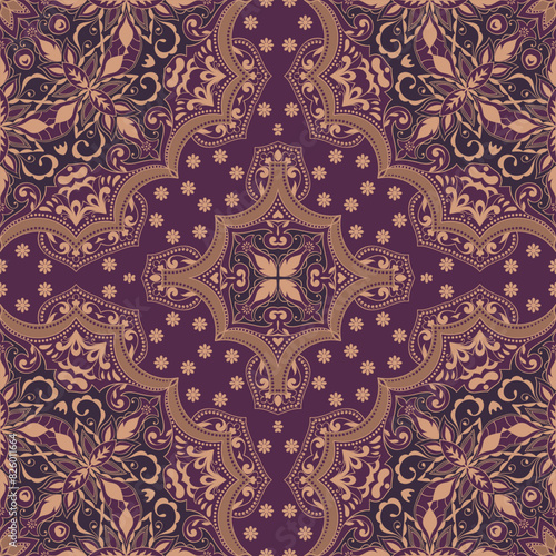 Indian seamless pattern with floral ornament. Ethnic design rug  fabric. Flower mandala.