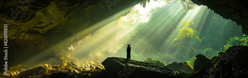There are people walking through a cave with a light shining through the cave on lighted background photo