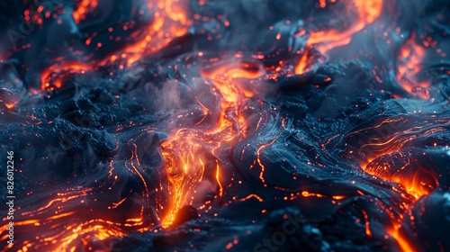 Close-up of glowing, flowing lava texture with vibrant colors and intense heat, showcasing natural volcanic activity and molten rock patterns. photo