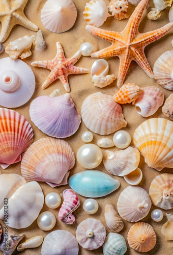 Background images of shells, sea animals, starfish, shellfish, pearls in different shapes, colors and textures. Scattered along the seaside beaches in beautiful colors creating stunning patterns. 
