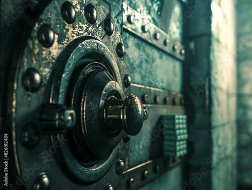 Close up of an old, sturdy vault door with intricate mechanical lock and weathered metal surface, evoking a sense of security and mystery. photo