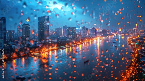 Design a sophisticated annual report cover for a corporation, featuring a cityscape under beautiful rain