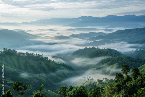 Chiangdao mountain landscape with morning sunlight  foggy valley  chiangmai  thailand