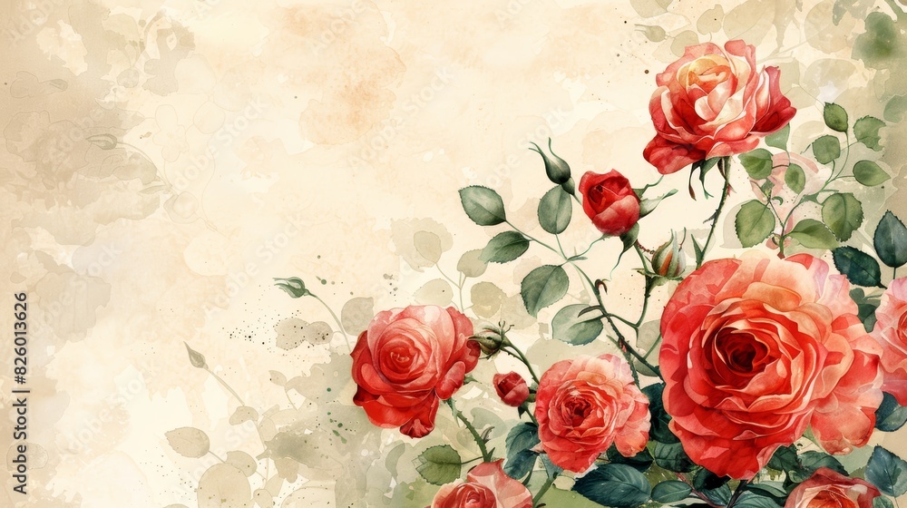Elegant watercolor painting of red roses with green leaves on a vintage textured background, perfect for decorative and artistic use. Elegant watercolor painting of red roses with green leaves on a vintage textured background, perfect for decorative and artistic use.
