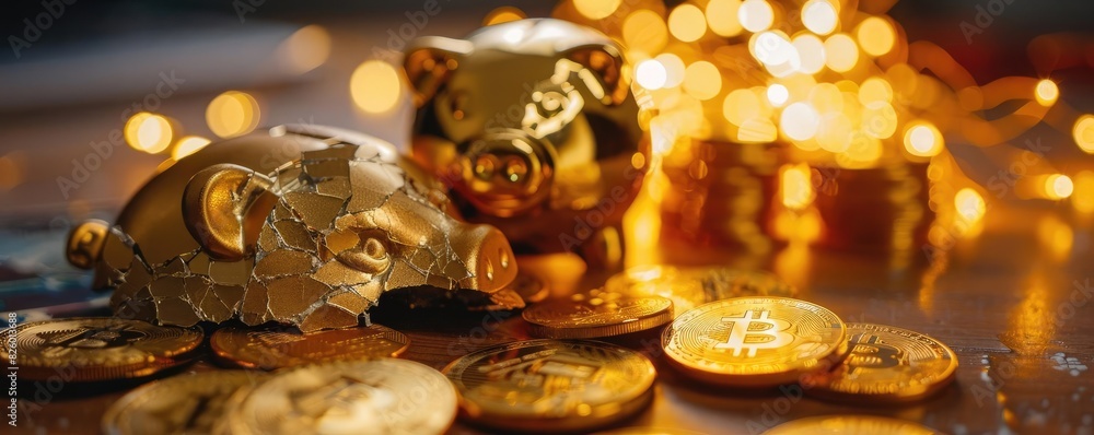 Golden piggy banks and Bitcoin coins on a reflective surface with festive lights in the background, depicting cryptocurrency investment savings. Golden piggy banks and Bitcoin coins on a reflective surface with festive lights in the background, depicting cryptocurrency investment savings.