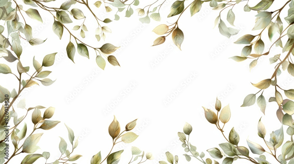 Green leaves border isolated on white background. Frame of branches and leaves Green leaves border isolated on white background. Frame of branches and leaves