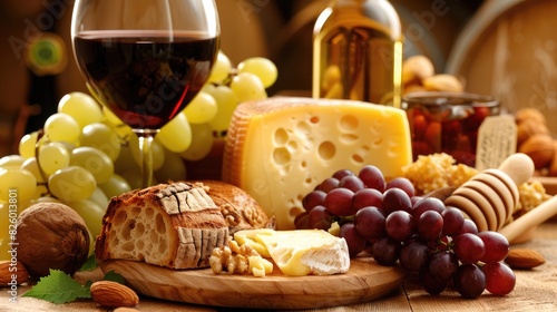 A wooden table setting with Sainte Maure de Touraine cheese grapes honey nuts bread and red wine photo