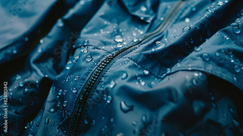 Close-up of water droplets on a dark blue waterproof fabric with zipper. photo