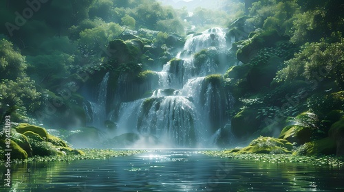 A breathtaking green landscape with a cascading waterfall surrounded by moss-covered rocks and lush vegetation