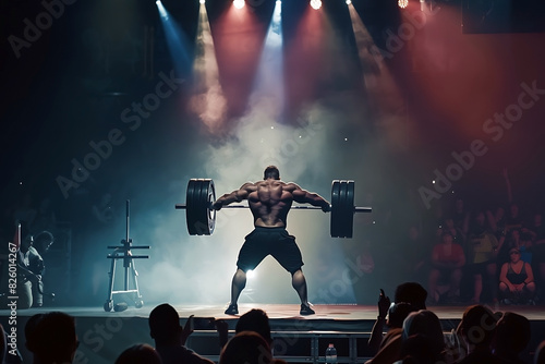 Silhouette of muscular man lifting barbel. Weight lifting athlete performing on stage with colorful spotlight photo