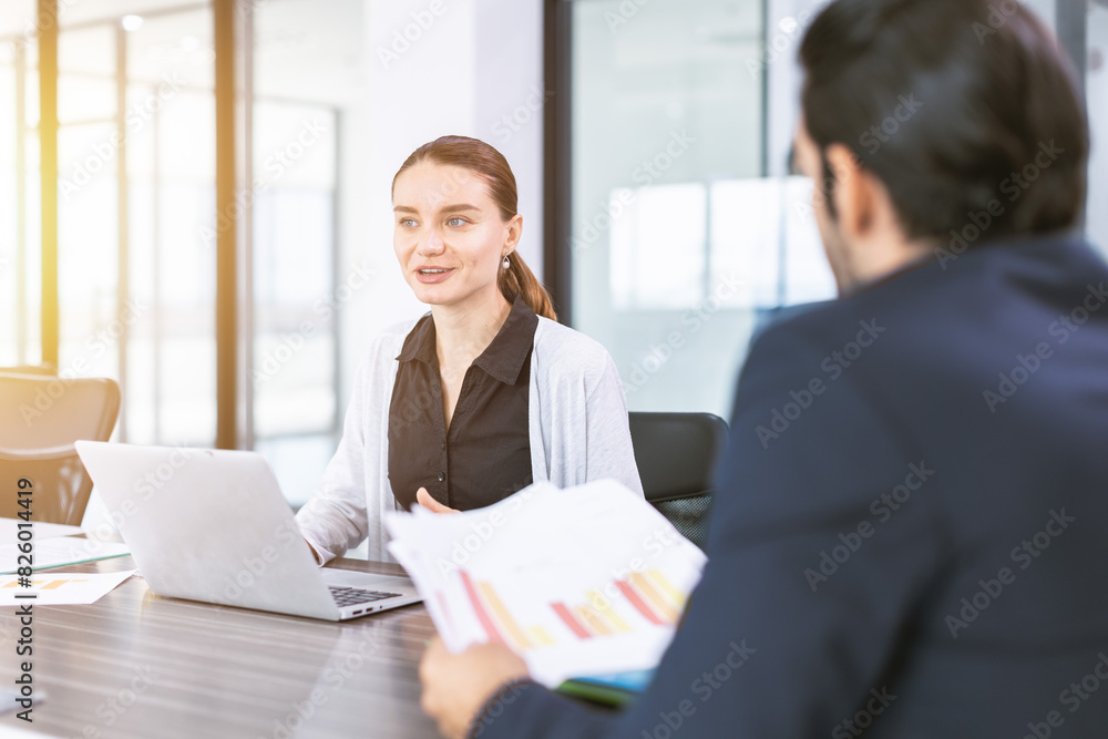 Business women talking with boss in office room, Marketing secretary work on the table with manager happy present information to deciding Business women talking with boss in office room, Marketing secretary work on the table with manager happy present information to deciding
