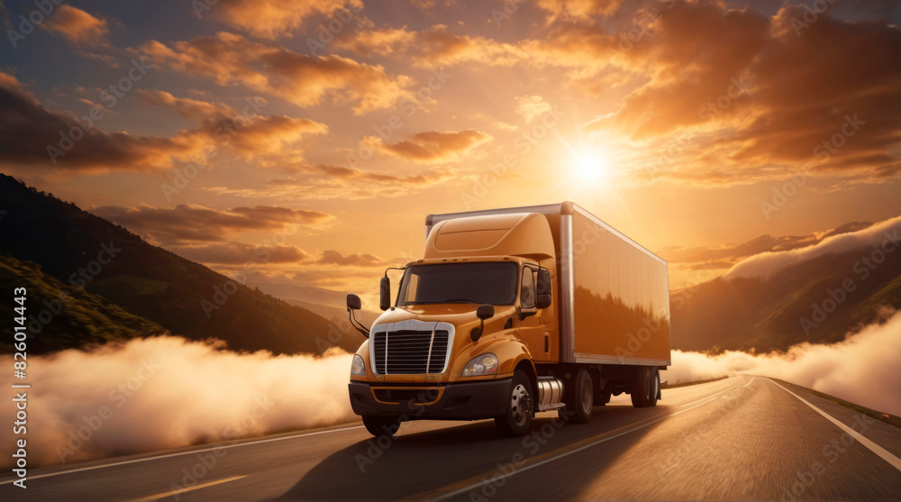 Truck on the background of a road with clouds