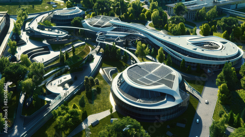 Futuristic urban campus radiating innovation and modern design.