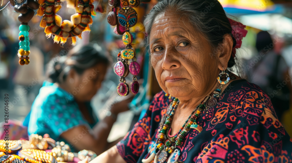 A stern-looking indigenous woman sells colorful handmade jewelry.