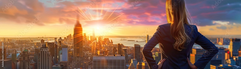 A confident person in formal attire stands on a rooftop overlooking a cityscape at sunset, symbolizing ambition, success, and achievement. A confident person in formal attire stands on a rooftop overlooking a cityscape at sunset, symbolizing ambition, success, and achievement.