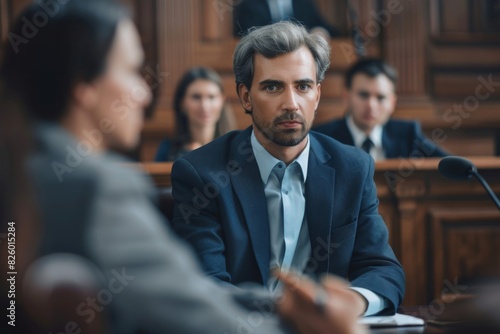 Lawyer in court with a serious expression, presenting evidence to a judge  photo