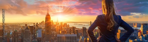 A confident person in formal attire stands on a rooftop overlooking a cityscape at sunset, symbolizing ambition, success, and achievement. photo