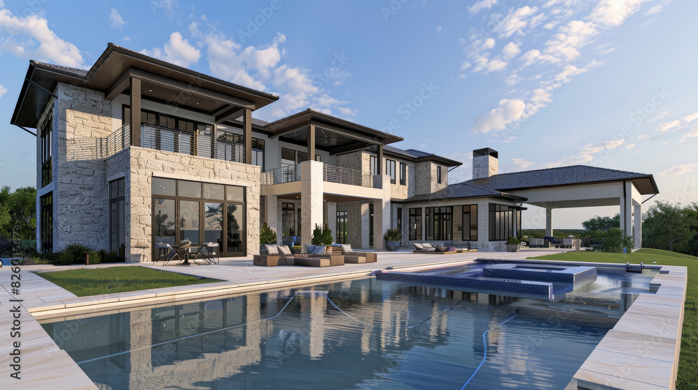 Luxurious modern mansion with an inviting pool glistens under the open sky at twilight.