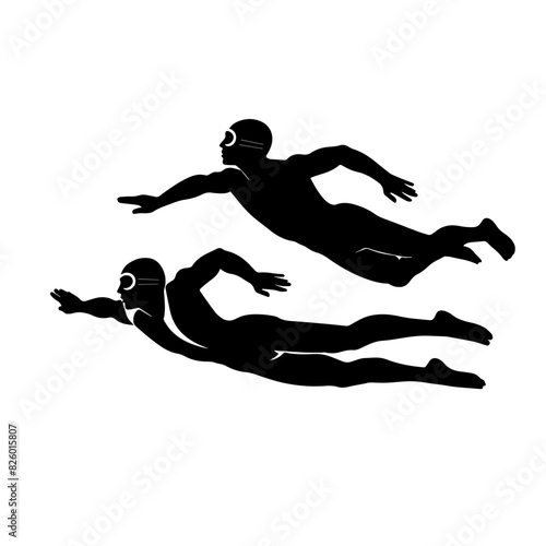 Swimming pair sport, vector black isolated silhouette of swimmer. Swimming olympic games illustration.