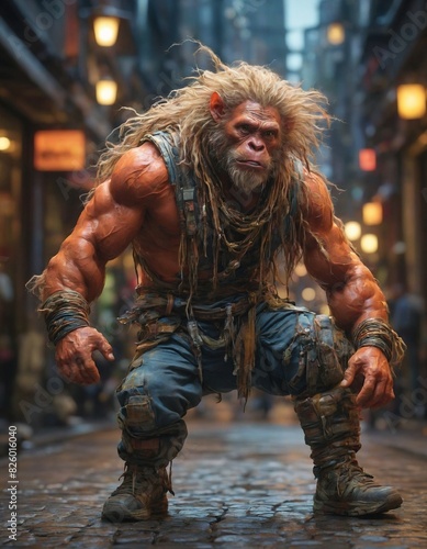 A muscular, anthropomorphic Uakari Adaptive fit sneakers character stands in a city street, with a backdrop of lit buildings and a wet street.