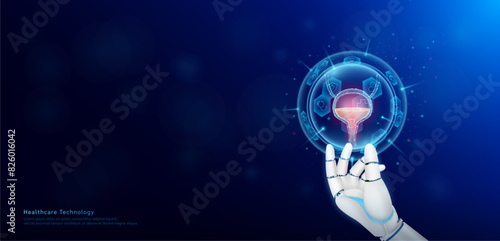 Health care technology innovation. Bladder human organ inside hexagon sphere transparent and medical icon on doctor assistant robot hand. Medical science banner with empty space for text. Vector.