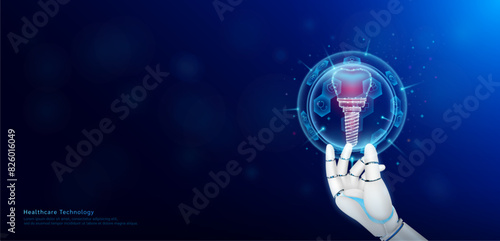 Health care technology. Dental implant human organ inside hexagon sphere transparent and medical icon on doctor assistant robot hand. Medical science banner with empty space for text. Vector.