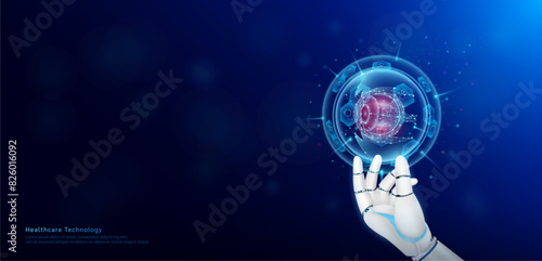 Health care technology innovation. Eyeball human organ inside hexagon sphere transparent and medical icon on doctor assistant robot hand. Medical science banner with empty space for text. Vector.