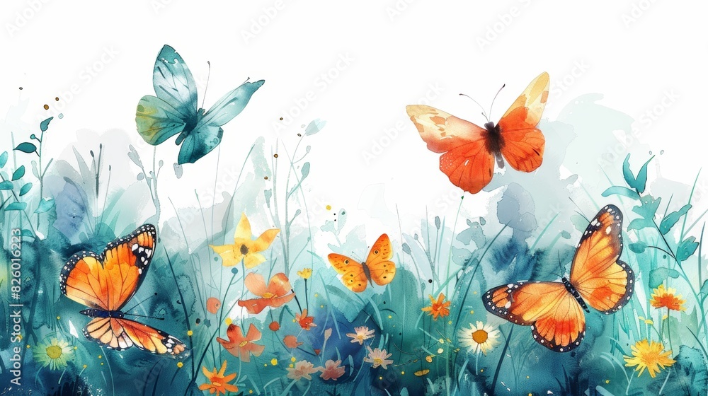 The image shows a watercolor painting of a meadow with flowers and butterflies. The butterflies are flying around the flowers and the meadow isYi Pian Sheng Ji Ang Ran . The image shows a watercolor painting of a meadow with flowers and butterflies. The butterflies are flying around the flowers and the meadow isYi Pian Sheng Ji Ang Ran .
