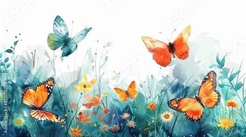 The image shows a watercolor painting of a meadow with flowers and butterflies. The butterflies are flying around the flowers and the meadow isYi Pian Sheng Ji Ang Ran . photo