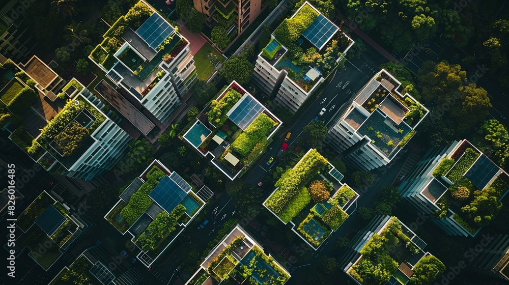 Fototapeta premium Top view of sustainable buildings with solar panels and green roofs.