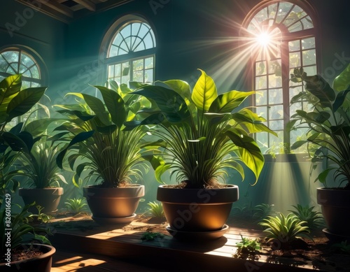 Potted plants thriving in a sunny  cozy indoor space with sunbeams illuminating their lush leaves.. AI Generation