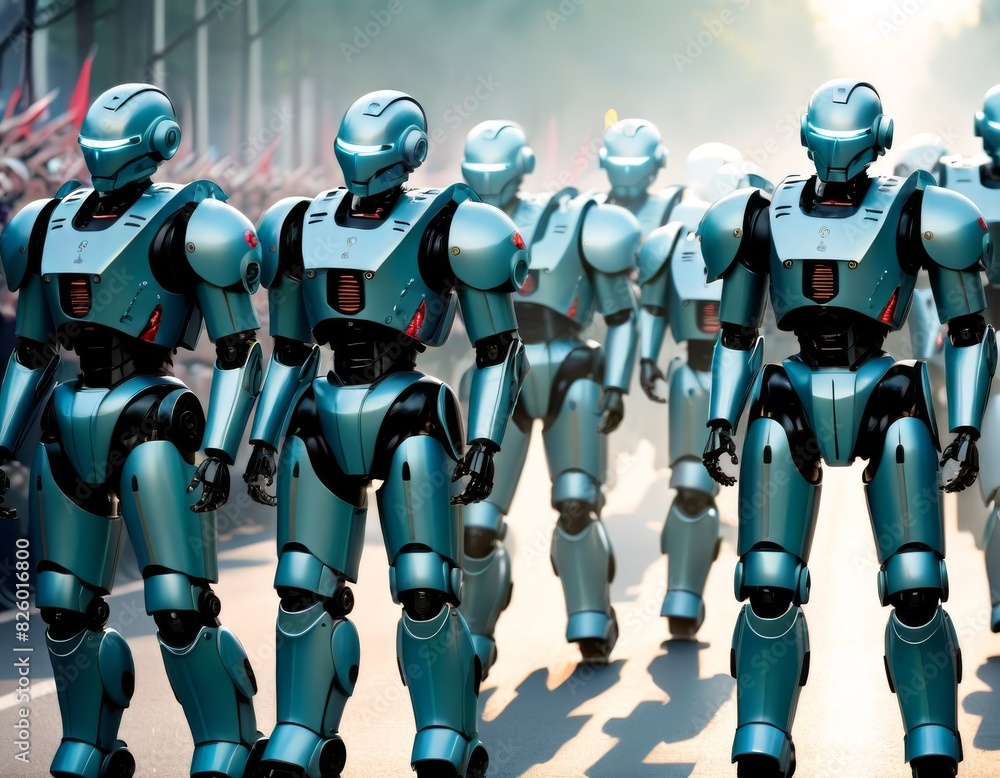 A platoon of sleek blue robots marches in formation on a city street, exuding a sense of futuristic law enforcement and order.. AI Generation A platoon of sleek blue robots marches in formation on a city street, exuding a sense of futuristic law enforcement and order.. AI Generation