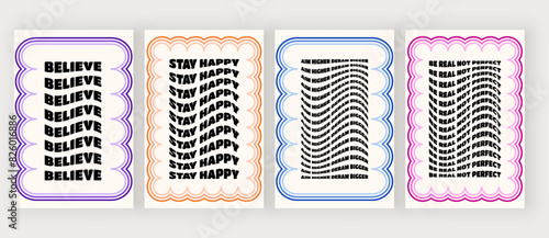 Geometric groovy frames with motivational wavy text and colorful lines. Vector design for cards, banners, invitations
