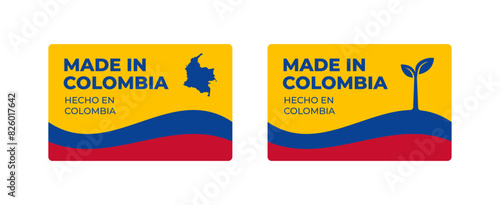 A set of rectangular Made in Colombia label stickers with a map and flag of Colombia isolated on a white background. Banner, sign, template. Vector illustration