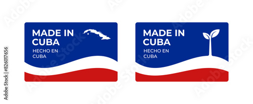 A set of rectangular Made in Cuba label stickers with a map and flag of Cuba isolated on a white background. Banner, sign, template. Vector illustration