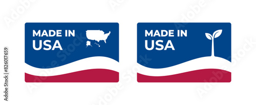 A set of rectangular Made in USA label stickers with a map and flag of USA isolated on a white background. Banner, sign, template. Vector illustration